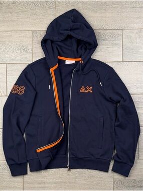SUN68 Italy Men's Full Zip Hoodie Navy Blue Orange Logo Size S NWOT